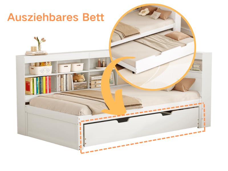 xixiworkshop Kinderbett 90x200cm Ausziehbett Bett mit Stauraum und USB-Steckdose/Mehreren Ablagefächern multifunktionales Jugendbett/Gästebett/Doppelbett mit Stauschrank Lattenrost,Ohne Matratze,Grau