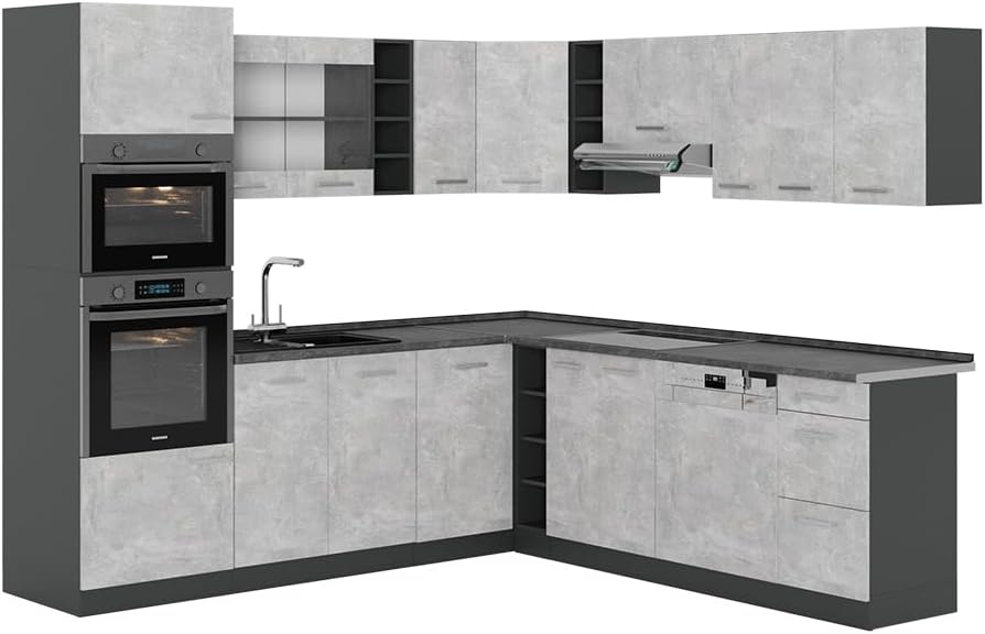 Vicco R-Line Fitted Kitchen Cabinets Anthracite Kitchen Furniture (Anthracite / White High Gloss, Corner 247 x 237 cm)