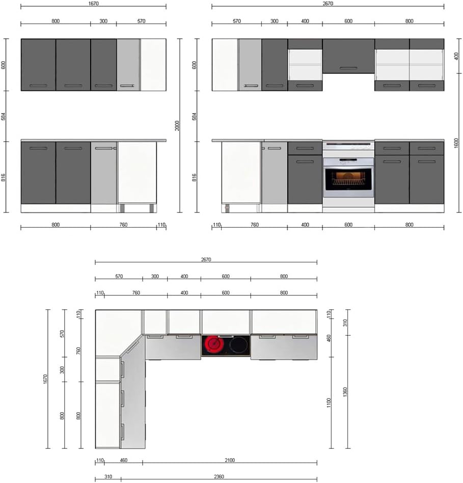 Vicco Kitchen Unit L 210 cm Kitchen Block Angle Corner Built-in Sonoma Oak - Freely Combinable Units - R-Line