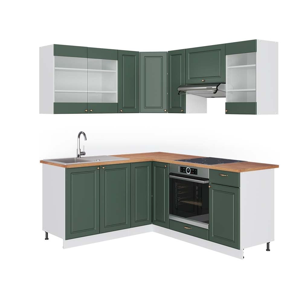 Vicco Eckküche Fame-Line, Grün-Gold Landhaus/Weiß/Weiß, 160 x 190 cm ohne Arbeitsplatte