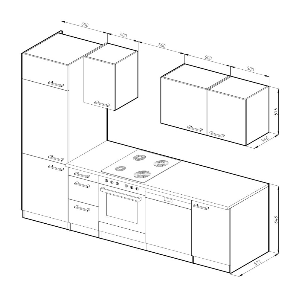 Vicco Küchenzeile Optima, Weiß Hochglanz/Weiß, 270 cm ohne Arbeitsplatte
