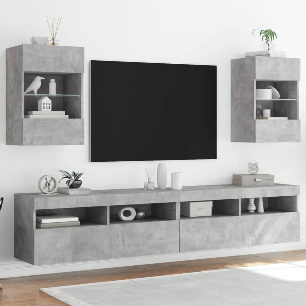 Homgoday TV Wall Cabinets with LED Lights, Pack of 2, Cabinet Wall TV Cabinet with Lots of Storage Space, Wall Mounted TV Furniture for Living Room, Bedroom, Grey, Sonoma