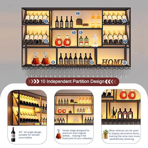 TAUODUYY 180 cm Large Industrial Wall Mounted Wine Rack, 3 Tier Wine Display with Glass Holder, Modern Black Metal Wine Rack Wall, for Home Kitchen/Wine Cellar/Bar Cafe (180 cm)