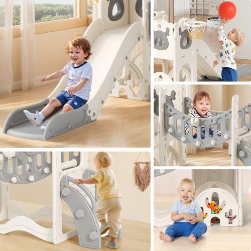 Krovtoy Kleinkindrutsche mit Weihnachtselch-Motiv, freistehende Kleinkindrutsche mit Golf-Set, Babyrutsche, Spielplatzgerät, für den Innen- und Außenbereich (Grau Beige - 6 in 1)