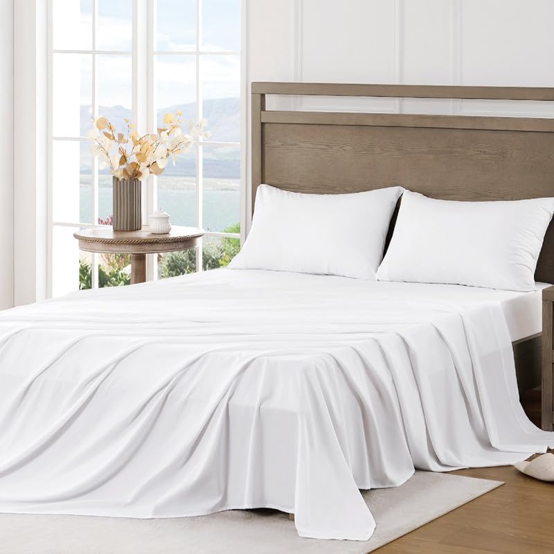 FreshCulture Queen Sheet Set - Ultra Soft Sheets for Queen Size Bed - Brushed Microfiber - Deep Pockets - Easy Care - Cooling & Breathable Sheets - 4 Pieces Hotel Luxury Queen Bed Sheets (White)