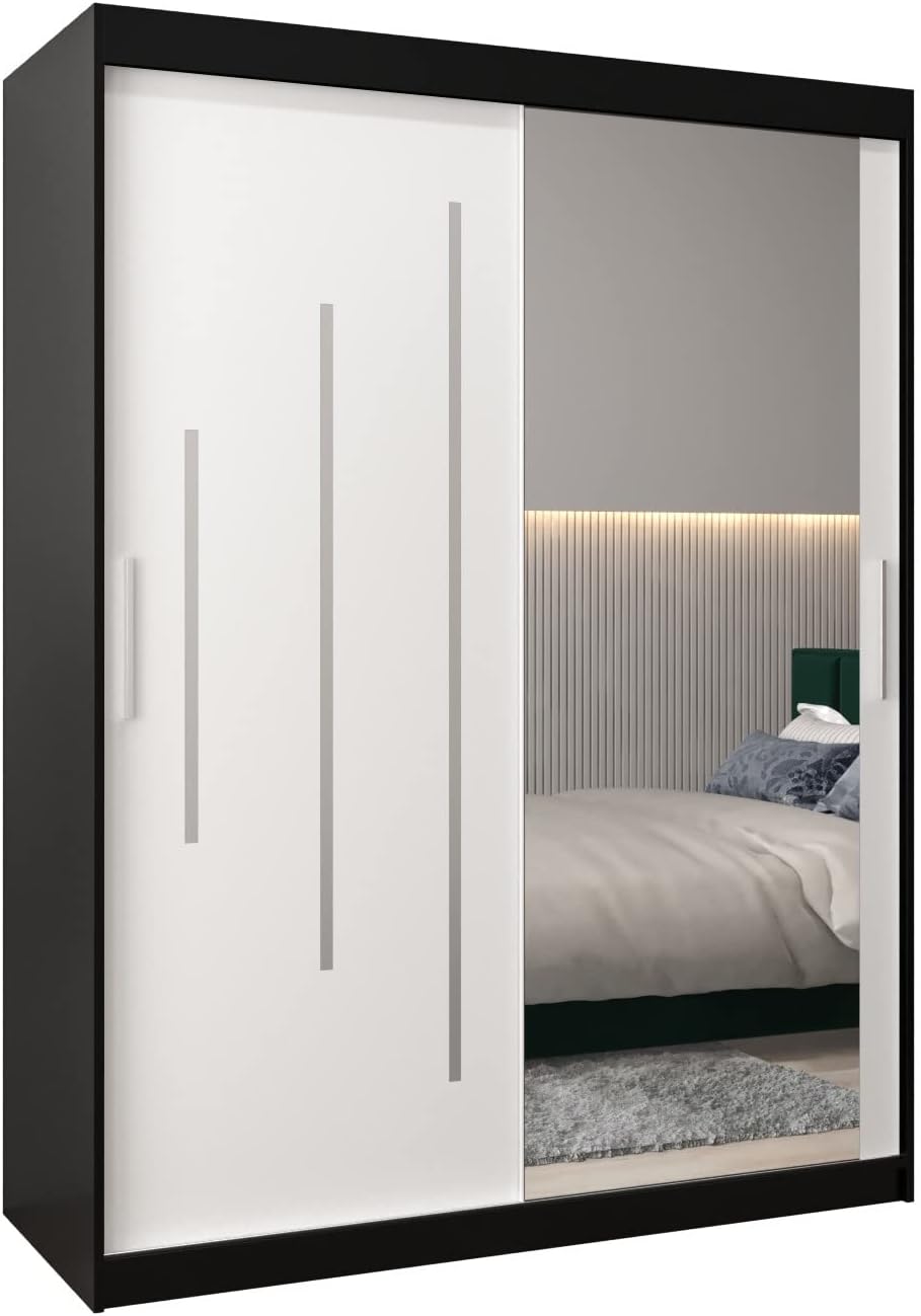 MEBLE KRYSPOL Kleiderschrank mit Spiegel York 2 - Garderobenschrank - Schrank Schlafzimmer - Mehrzweckschrank Zwei Schiebetüren - Regalen - Flur Möbel - Kleiderstange Schrank - Allzweckschrank