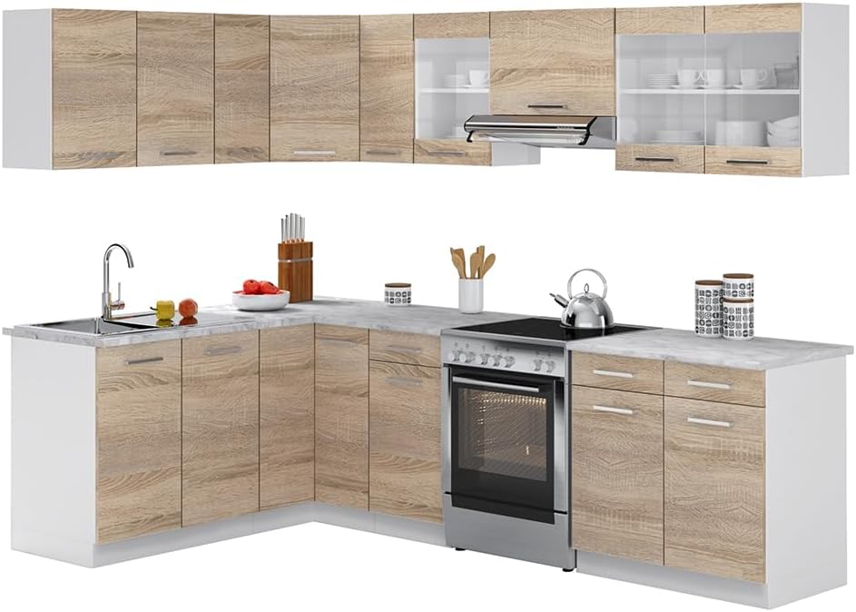 Vicco Kitchen Unit L 210 cm Kitchen Block Angle Corner Built-in Sonoma Oak - Freely Combinable Units - R-Line