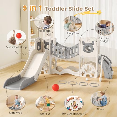 Krovtoy Kleinkindrutsche mit Weihnachtselch-Motiv, freistehende Kleinkindrutsche mit Golf-Set, Babyrutsche, Spielplatzgerät, für den Innen- und Außenbereich (Grau Beige - 6 in 1)