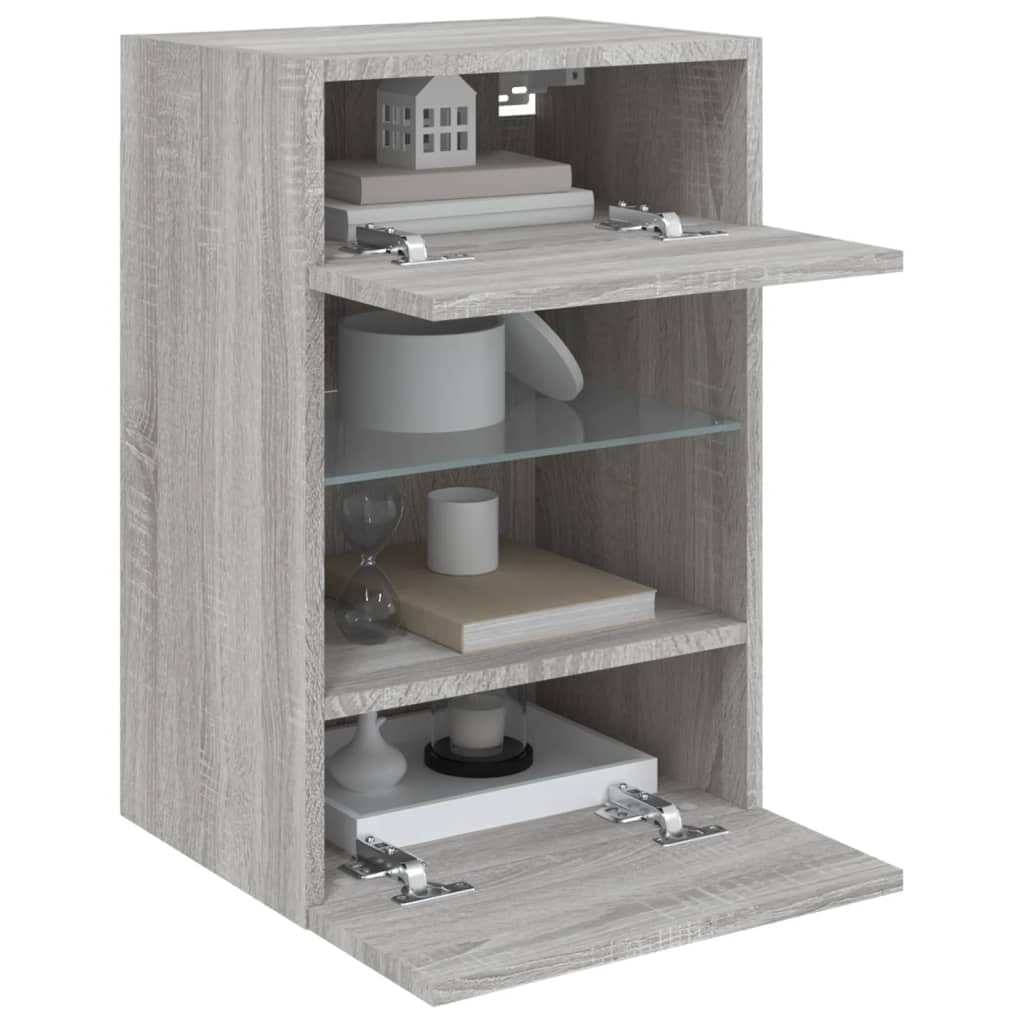 Homgoday TV Wall Cabinets with LED Lights, Pack of 2, Cabinet Wall TV Cabinet with Lots of Storage Space, Wall Mounted TV Furniture for Living Room, Bedroom, Grey, Sonoma