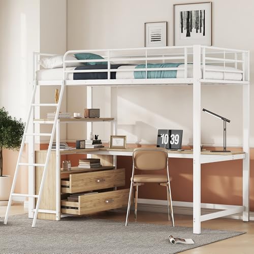 Merax Kinderbett Hochbett 90x200 cm Metallbett mit L-förmigem Schreibtisch, 2 Schubladen und Regal, Bettgestell mit Lattenrost (ohne Matratze) für Kinder/Erwachsene, Schwarz