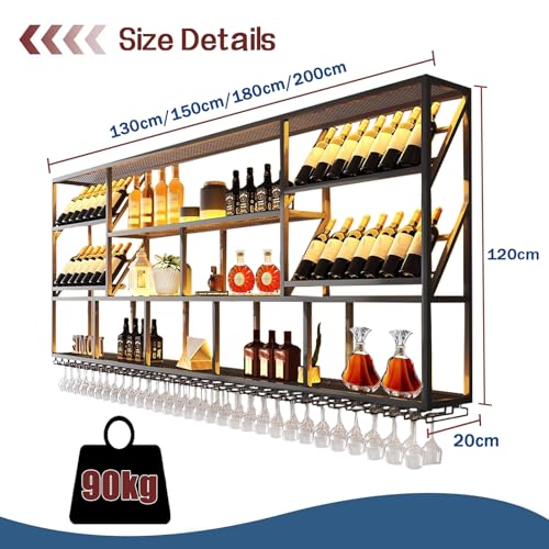 TAUODUYY 180 cm Large Industrial Wall Mounted Wine Rack, 3 Tier Wine Display with Glass Holder, Modern Black Metal Wine Rack Wall, for Home Kitchen/Wine Cellar/Bar Cafe (180 cm)