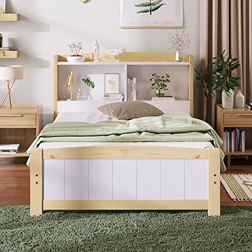 RIAZOS Kinderbett Holzbett 90x200 cm, Massiveholz Einzelbett mit Schreibtisch und Schubladen, Stauraumbett mit Lattenrost, für Jungen & Mädchen, ohne Matratze, Weiß