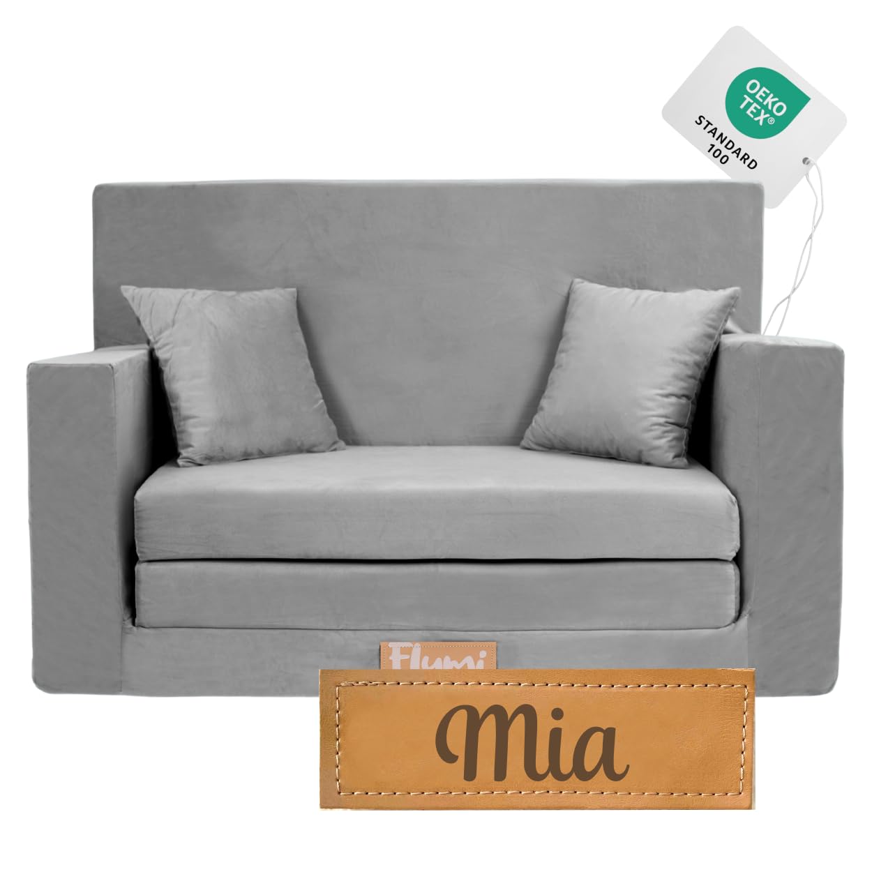 Flumi Personalised Children's/Teenager's Couch/Armchair/Sofa Bed, with Engraving of Child's Name, Play Sofa, Sleeping Chair, Bed Function, Children's Furniture, 92 x 40 x 60 cm, Microfibre (Grey)