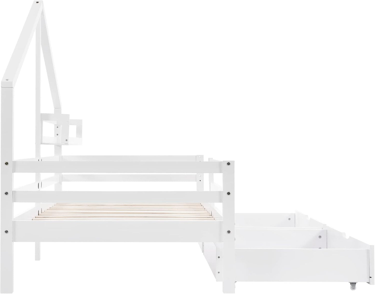 Merax Children's Bed 90 x 200 cm with Fall Protection, Children's House Bed with Drawers and Storage Shelf, Sturdy Wooden Tree House Bed with Slatted Frame, Play Bed for Boys and Girls, White