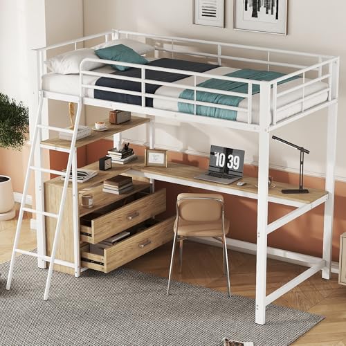 Merax Kinderbett Hochbett 90x200 cm Metallbett mit L-förmigem Schreibtisch, 2 Schubladen und Regal, Bettgestell mit Lattenrost (ohne Matratze) für Kinder/Erwachsene, Schwarz