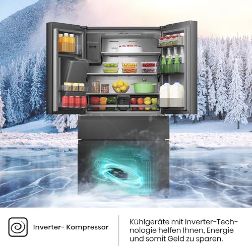 Hisense RF632N4WIE French Door Kühl-Gefrierkombination/ NoFrostPlus/ Inverter-Kompressor/ Wasserspender/ CrispZone/ 200 cm/ Kühlteil 336 l/ Gefrierteil 149 l/ 38 dB/ 295 kWh/ Jahr/ Inox-Look
