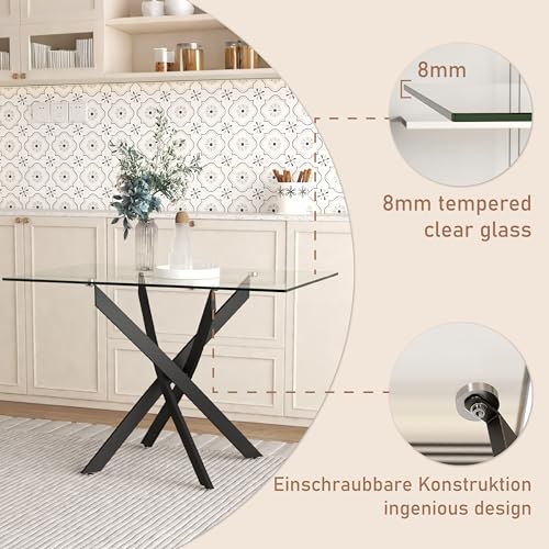 GOLDFAN Glas Esstisch Set 4 Stühle Rechteckiger Esstisch und Rückenlehne Esszimmerstuhl für Küche Wohnzimmer Büro, Grau