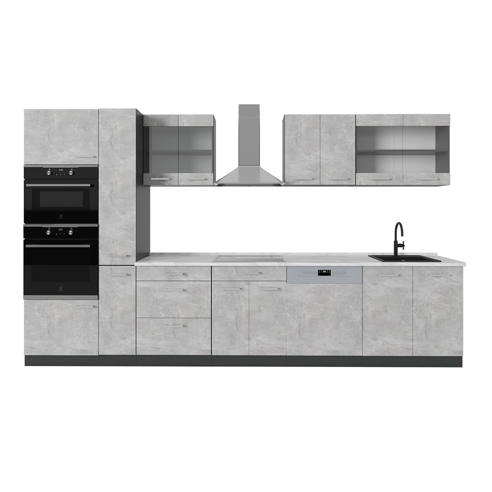 Vicco R-Line Fitted Kitchen Cabinets Anthracite Kitchen Furniture (Anthracite / White High Gloss, MUS 350 cm)