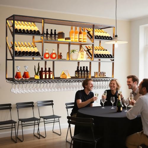TAUODUYY 180 cm Large Industrial Wall Mounted Wine Rack, 3 Tier Wine Display with Glass Holder, Modern Black Metal Wine Rack Wall, for Home Kitchen/Wine Cellar/Bar Cafe (180 cm)