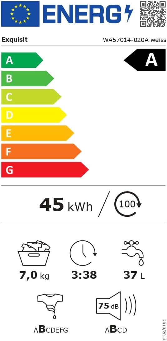 Exquisit Waschmaschine 7kg, Energieeffizienzklasse A, max. 1400 U/Min, Kurzprogramm, Mixprogramm, Startzeitvorwahl (3-24 Std.), Aquastop, 12 Waschprogramme, WA57014-020A weiss