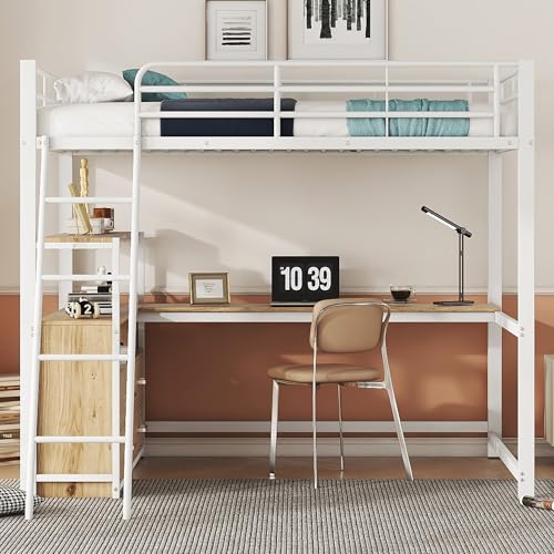 Merax Kinderbett Hochbett 90x200 cm Metallbett mit L-förmigem Schreibtisch, 2 Schubladen und Regal, Bettgestell mit Lattenrost (ohne Matratze) für Kinder/Erwachsene, Schwarz
