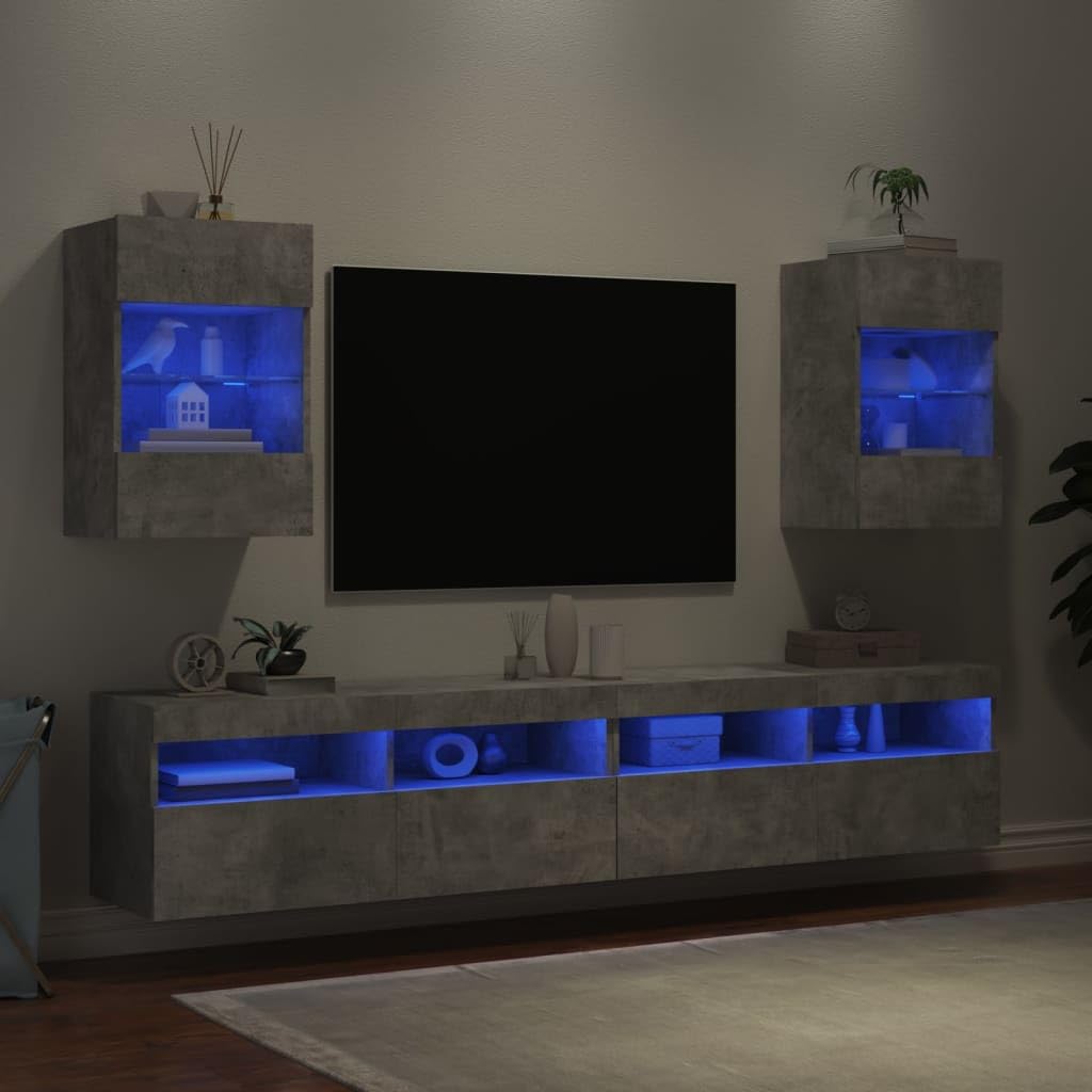 Homgoday TV Wall Cabinets with LED Lights, Pack of 2, Cabinet Wall TV Cabinet with Lots of Storage Space, Wall Mounted TV Furniture for Living Room, Bedroom, Grey, Sonoma