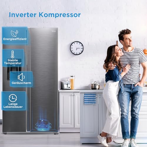 Midea KS-DDX 6.32 WT Side-by-Side Kühl-/Gefrierkombination/ 178,8 cm Höhe/ 254 kWh/Jahr/No Frost/Dual Inverter Compressor/mit 3in1 Wasser-/Eisspender und Wassertank, Dark Inox