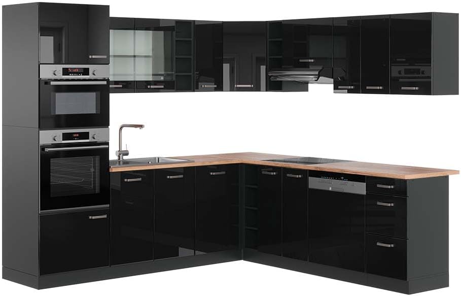 Vicco R-Line Fitted Kitchen Cabinets Anthracite Kitchen Furniture (Anthracite / White High Gloss, Corner 247 x 237 cm)