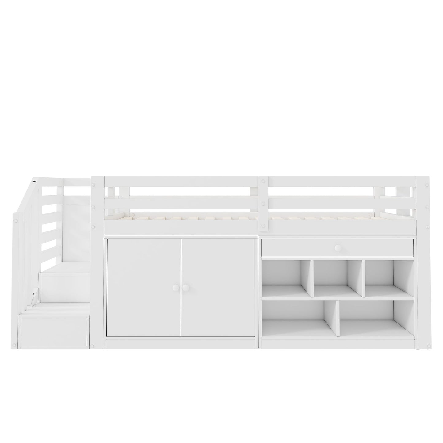 Merax Kinderbett 90x200 cm aus Holz, Multifunktionales Hochbett mit austauschbarer Treppe & Stauraum, Schubladen als Schreibtisch nutzbar, Weiß (Ohne Matratze)