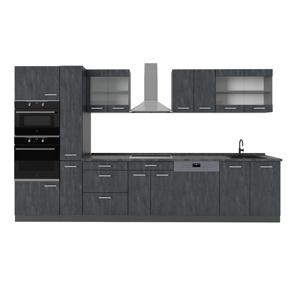 Vicco R-Line Fitted Kitchen Cabinets Anthracite Kitchen Furniture (Anthracite / White High Gloss, MUS 350 cm)