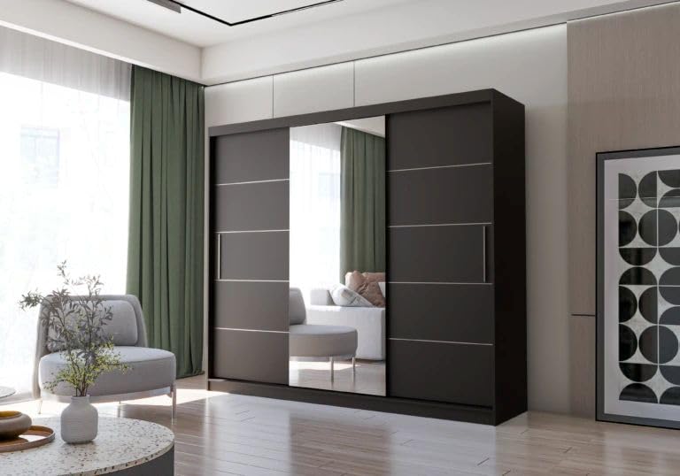 Fabryka Mebli Idźczak Kleiderschrank mit Spiegel, Schiebetüren - Weißer Schwebetürenschrank, Schlafzimmerschrank - 61 x 250 x 218 cm - Schrank für Schlafzimmer, Wohnzimmer, Garderobe
