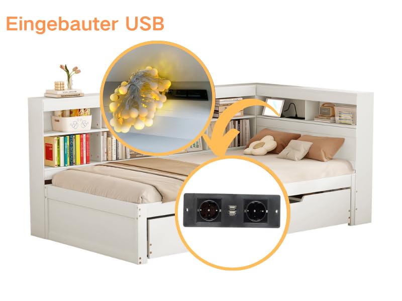 xixiworkshop Kinderbett 90x200cm Ausziehbett Bett mit Stauraum und USB-Steckdose/Mehreren Ablagefächern multifunktionales Jugendbett/Gästebett/Doppelbett mit Stauschrank Lattenrost,Ohne Matratze,Grau