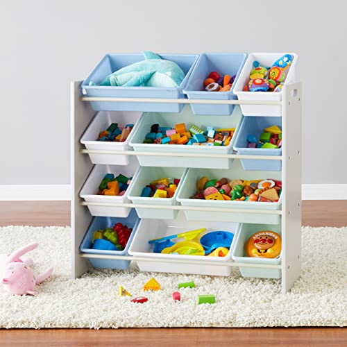 Amazon Basics Kids Toy Storage Toy Organiser with 12 Plastic Containers, White Wood with Pink Containers, 27.7 x 85.3 x 79 cm