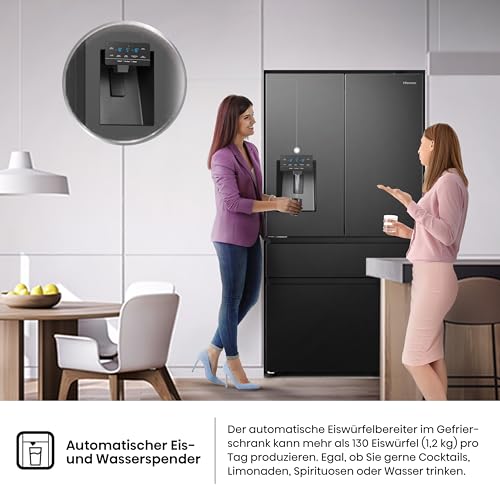 Hisense RF632N4WIE French Door Kühl-Gefrierkombination/ NoFrostPlus/ Inverter-Kompressor/ Wasserspender/ CrispZone/ 200 cm/ Kühlteil 336 l/ Gefrierteil 149 l/ 38 dB/ 295 kWh/ Jahr/ Inox-Look