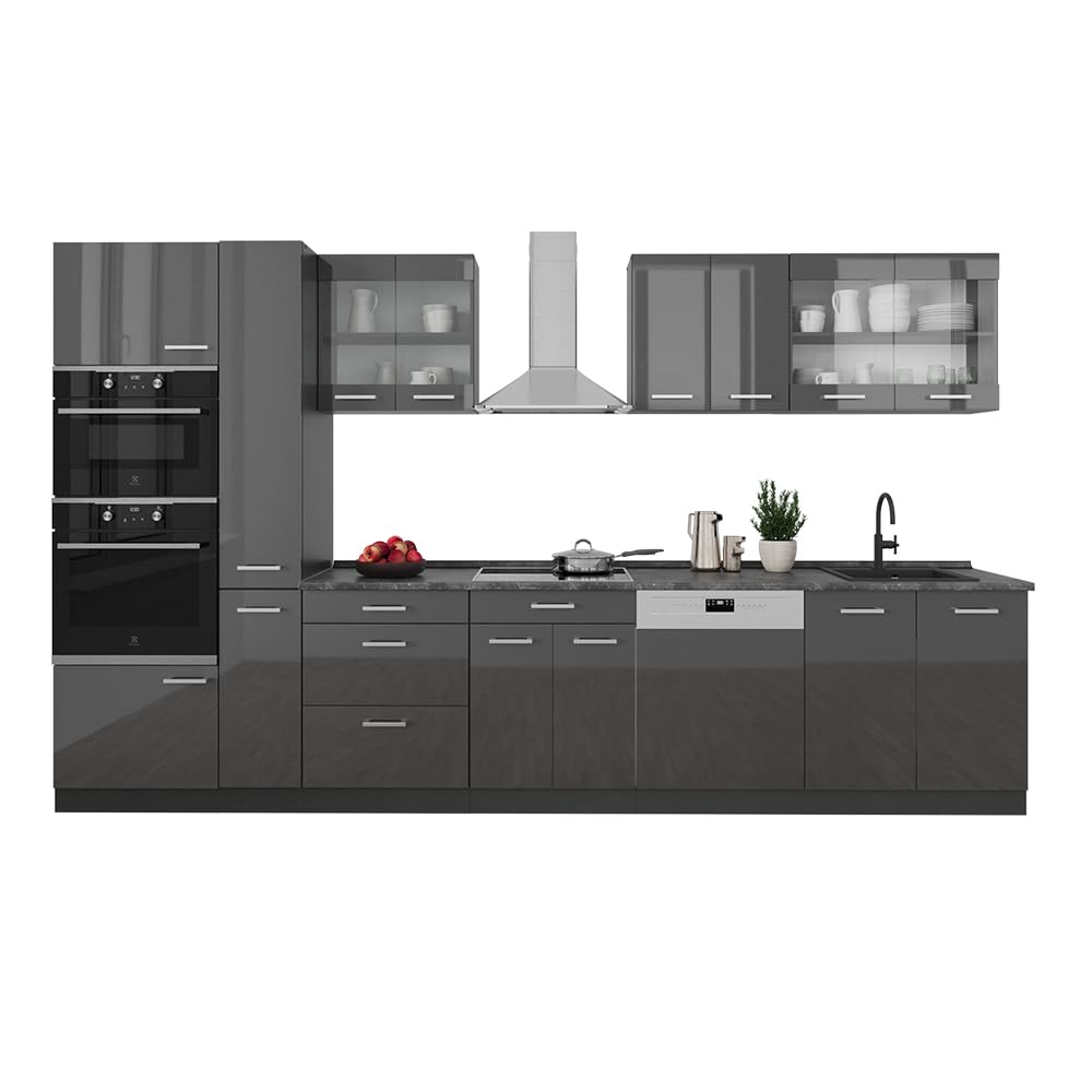 Vicco R-Line Fitted Kitchen Cabinets Anthracite Kitchen Furniture (Anthracite / White High Gloss, MUS 350 cm)