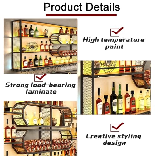 FKKPRVAX Wandmontiertes Weinregal mit LED Glashalter, 4 stöckiges Metall Wandmontage Wine Display Ständer, Wand Flaschenregal für Bar-Einheiten, Restaurants und Zuhause (240×125×25cm)