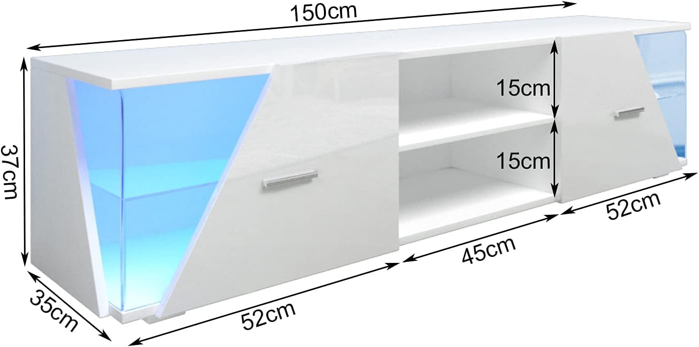 Dripex TV Lowboard White High Gloss with LED Lighting Cabinet TV Table TV Display Cabinet 150 x 37 x 35 cm