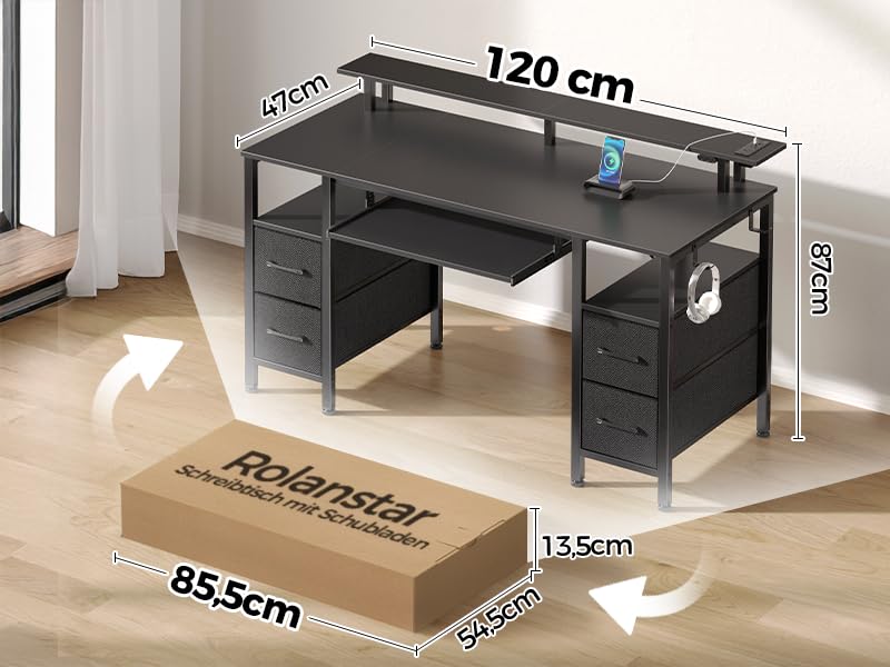 Rolanstar Desk with Drawers, 120 x 47 cm Gaming Table with Socket, LED & Monitor Stand, Computer Desk with Keyboard Tray, Gaming Desk for Home Office, Office, Living Room, White
