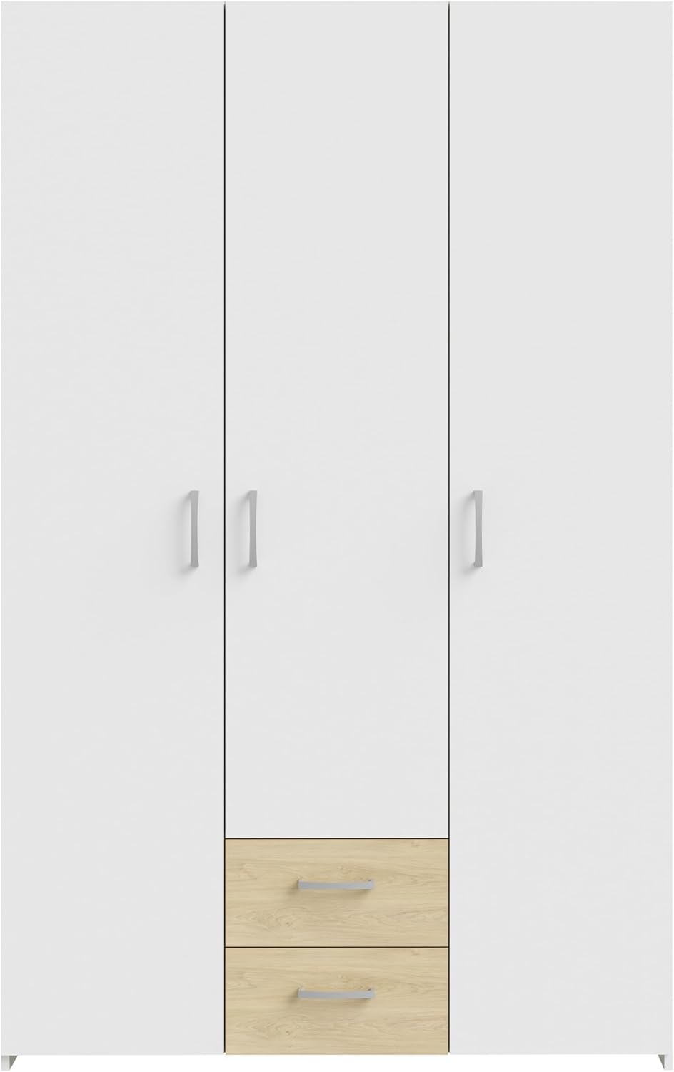 FORTE ECONOBOX Kleiderschrank 120, 3-türiger Drehtürenschrank mit 2 Schubladen und Einlegeböden, Holzwerkstoff, Weiß/Puccini Eiche, 119,4 cm breit, 190,5 cm hoch, 54,4 cm tief