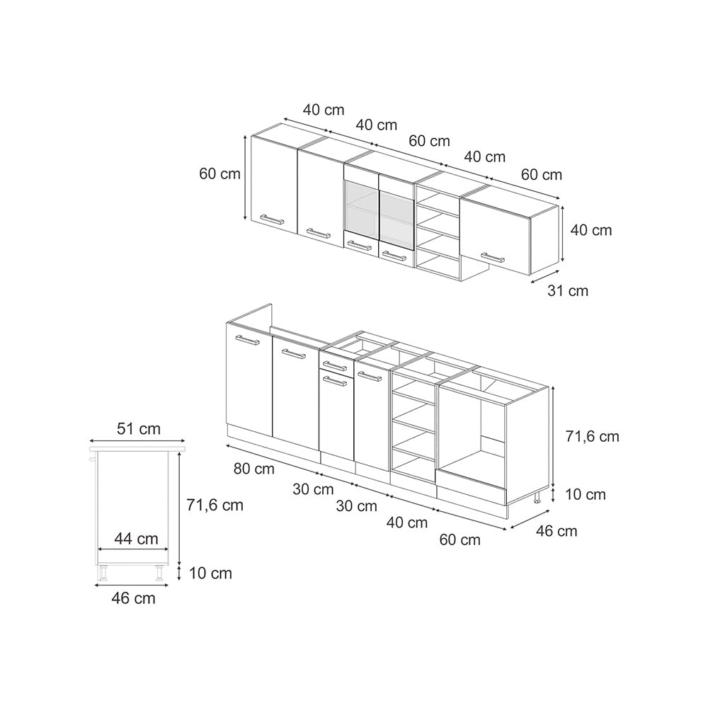 Vicco Küchenzeile R-Line, Küchenblock, Blau-Grau/Weiß, 240 cm ohne Arbeitsplatte