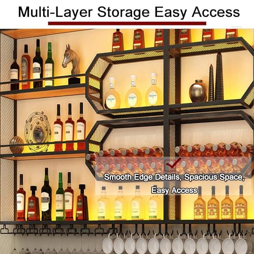 FKKPRVAX Wandmontiertes Weinregal mit LED Glashalter, 4 stöckiges Metall Wandmontage Wine Display Ständer, Wand Flaschenregal für Bar-Einheiten, Restaurants und Zuhause (240×125×25cm)