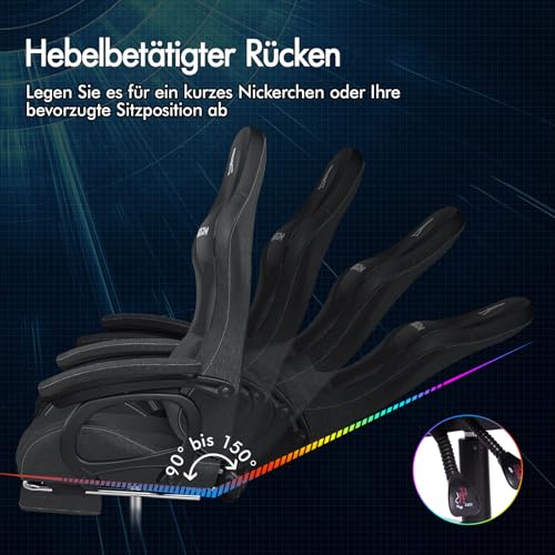 ALFORDSON Gaming Stuhl mit 8-Punkt Massage 12 Farben RGB LED-Licht, Bürostuhl Ergonomisch mit fußstützen, Kopfstütze Lendenkissen für Kinder Erwachsene, Schwarz