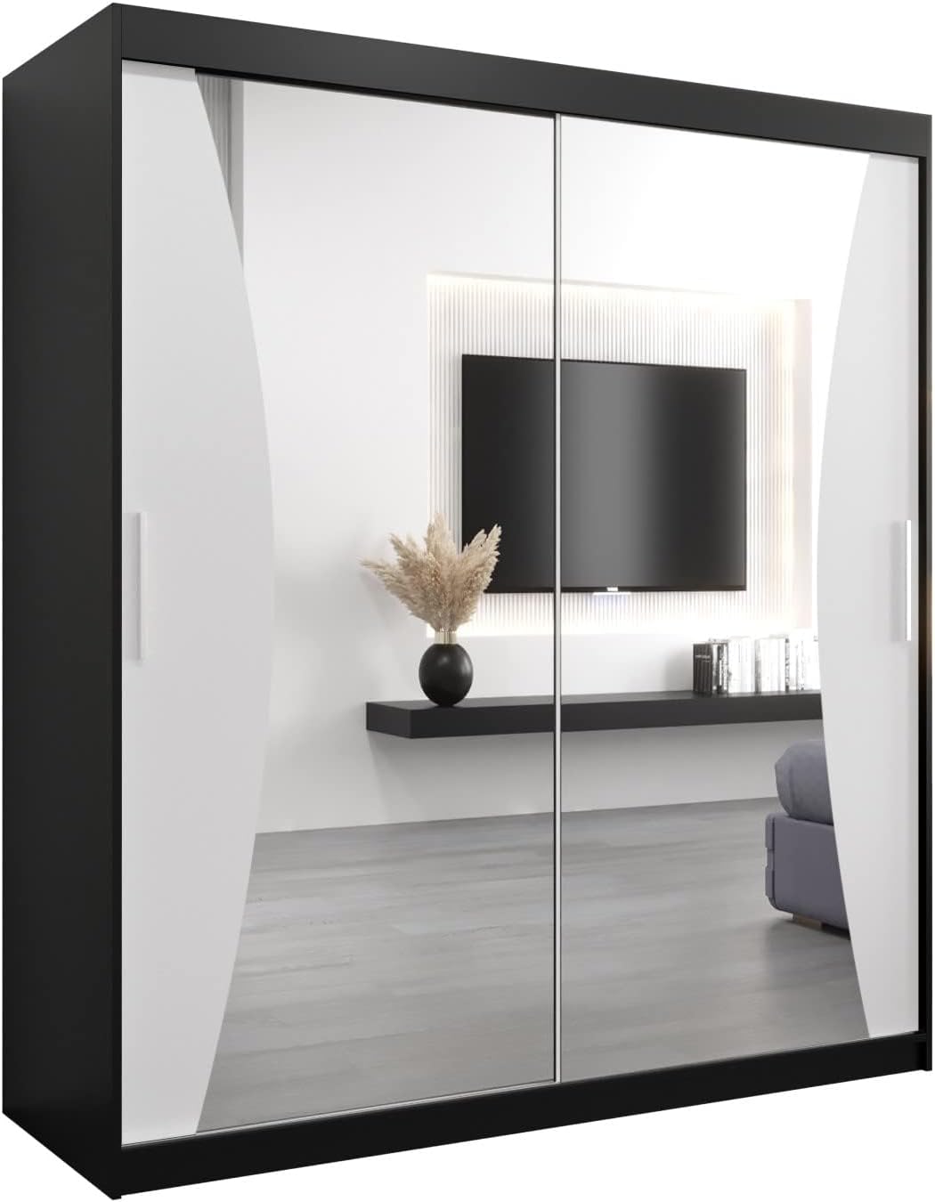 MEBLE KRYSPOL Kleiderschrank mit Spiegel Monaco - Garderobenschrank - Schrank Schlafzimmer - Mehrzweckschrank DREI Schiebetüren - Regalen - Flur Möbel - Kleiderstange Schrank - Allzweckschrank