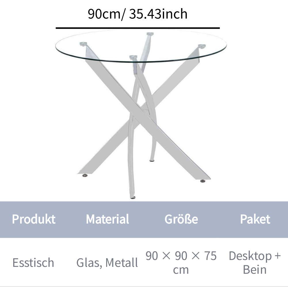 GOLDFAN Esstisch Rund Glas Moderner Küchentisch 80cm Runder Glas Esszimmertische mit Metallbeinen für Esszimmer Wohnzimmer Küche, Schwarz