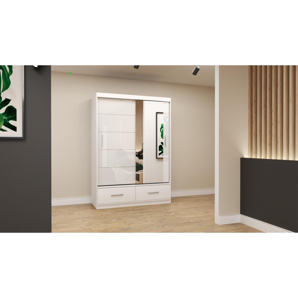 Fabryka Mebli Idźczak Kleiderschrank mit Spiegel weiß - Schwebetürenschrank - Schlafzimmerschrank - 61 x 250 x 218 cm - Wohnzimmerschrank - Garderobenschrank, Schrank mit 2 Türen, 4 Schubladen