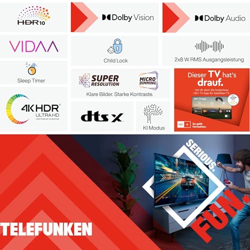 TELEFUNKEN VIDAA D43U790B2CW 4K TV 43 Inch Smart TV UHD, HDR TV with Dolby Vision, Triple Tuner and 6 Months HD+ Including LED TV, Black