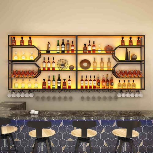 FKKPRVAX Wandmontiertes Weinregal mit LED Glashalter, 4 stöckiges Metall Wandmontage Wine Display Ständer, Wand Flaschenregal für Bar-Einheiten, Restaurants und Zuhause (240×125×25cm)