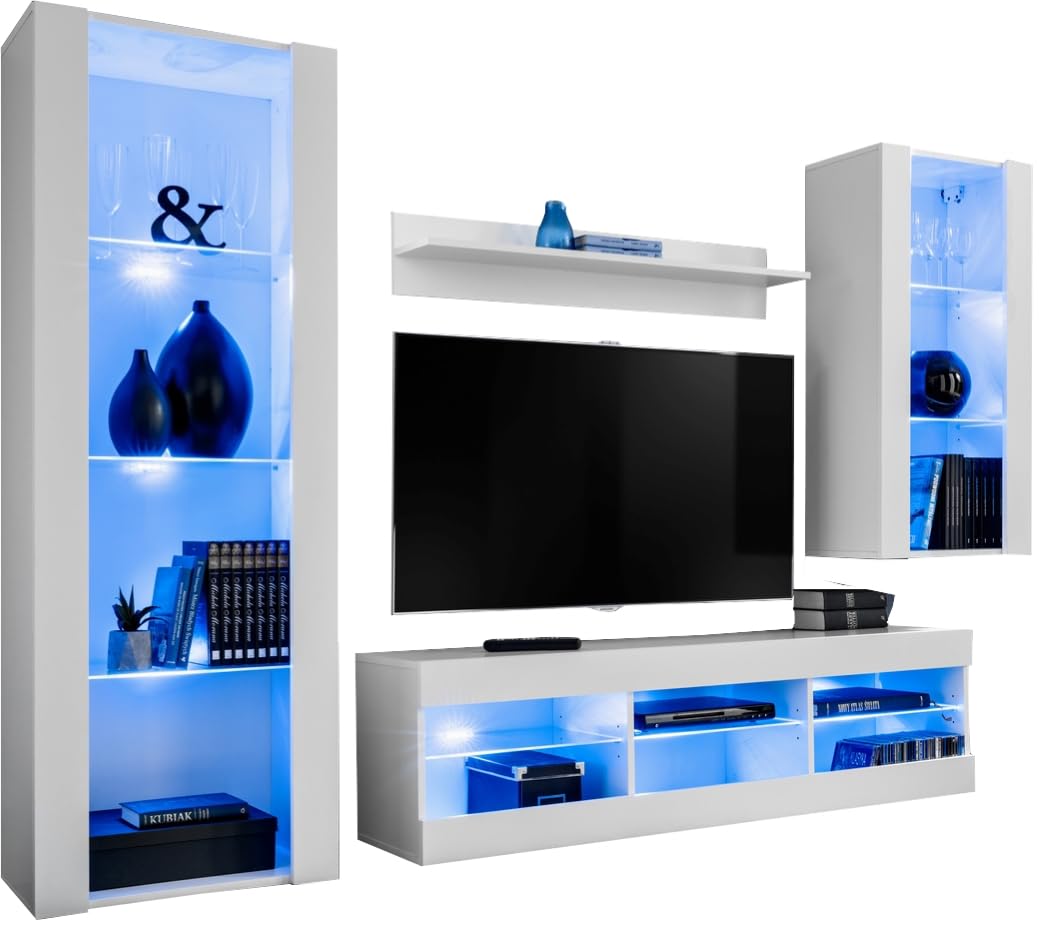 Komodee Tivoli Medio Wall Unit Living Room Set, Black/Black, Width 245 cm x Height 159 cm x Depth 35 cm, LED Blue, for Living Room, Bedroom