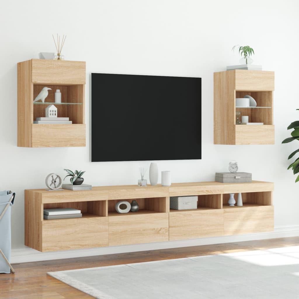 Homgoday TV Wall Cabinets with LED Lights, Pack of 2, Cabinet Wall TV Cabinet with Lots of Storage Space, Wall Mounted TV Furniture for Living Room, Bedroom, Grey, Sonoma