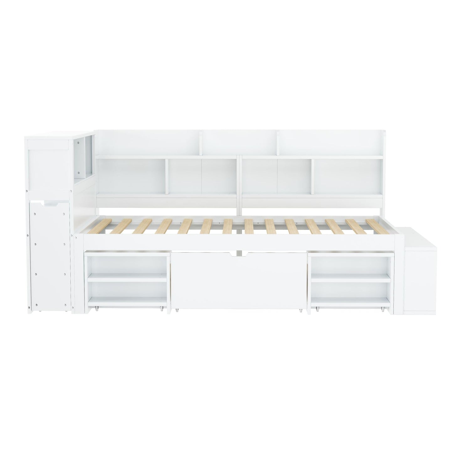 Children's Bed 90 x 200 cm, Wooden Bed with Drawers and Board, Headboard with Bookshelf and Fall Protection, Bed with Slatted Frame and Storage Space, Teenager's Bed, Functional Bed, Wooden Bed Frame,
